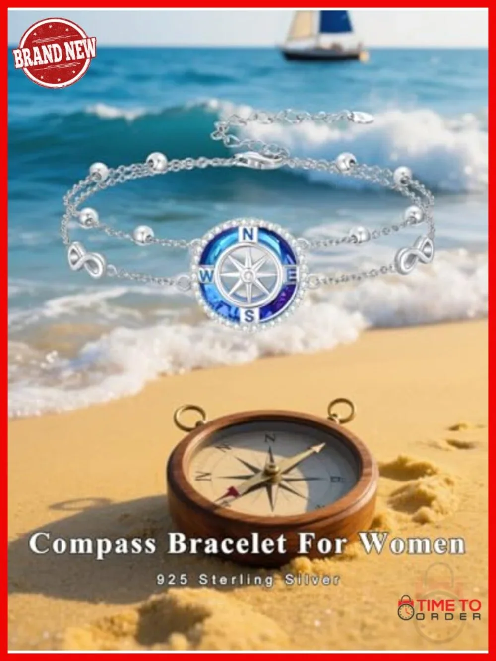 925 Sterling Silver Compass Bracelet for Women Ocean Wave Anklet Summer